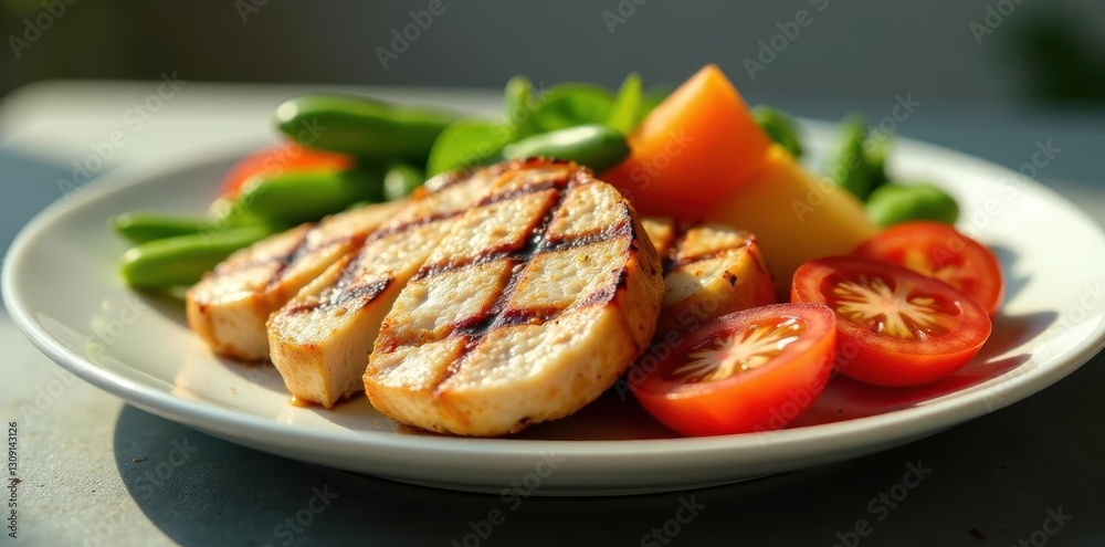 Grilled Protein Slices Served with Fresh Vegetables on a White Plate Grilled Protein Slices Served with Fresh Vegetables on a White Plate