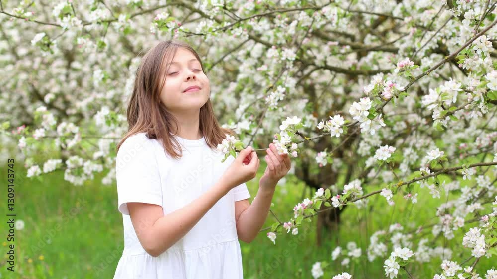 In this enchanting video, a young girl revels in the delightful scents of blooming apple trees in a vibrant spring orchard. In this enchanting video, a young girl revels in the delightful scents of blooming apple trees in a vibrant spring orchard.