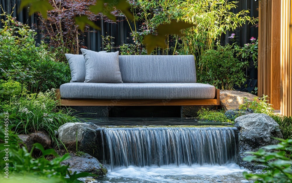 Obraz premium Cozy upholstered bench placed near a small tranquil waterfall
