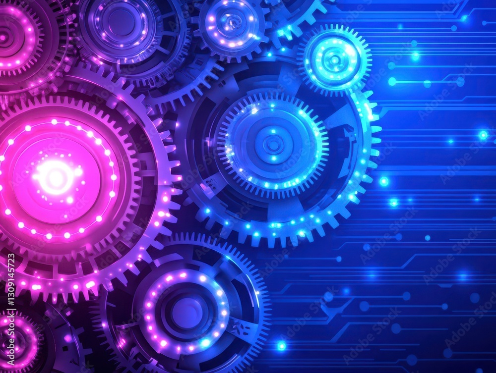 A dynamic technology abstract background featuring intricate gears and circuits illuminated with vibrant blue and pink lights, creating futuristic and energetic atmosphere A dynamic technology abstract background featuring intricate gears and circuits illuminated with vibrant blue and pink lights, creating futuristic and energetic atmosphere