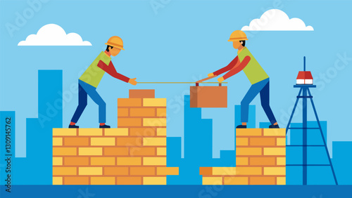 Workers balancing on narrow beams while laying bricks for the facade of a highrise.. Vector illustration