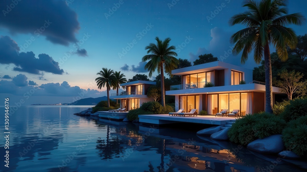 Fototapeta premium Serene Waterfront Villas at Twilight Luxurious Oceanfront Estate with Private Decks and Tranquil Water Views