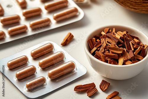 Minimalistic arrangement of willow bark capsules alongside a bowl of dried willow bark pieces photo