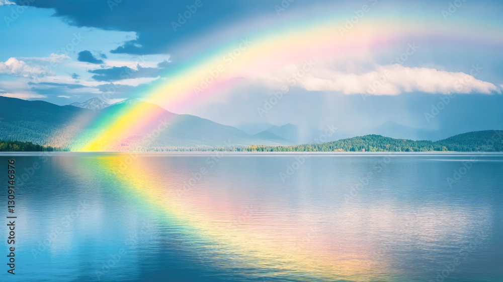 Vibrant rainbow arching over serene mountain lake with blue sky and clouds Vibrant rainbow arching over serene mountain lake with blue sky and clouds