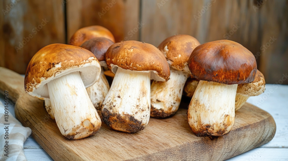 Fresh porcini mushrooms on wooden cutting board in rustic kitchen setting Fresh porcini mushrooms on wooden cutting board in rustic kitchen setting