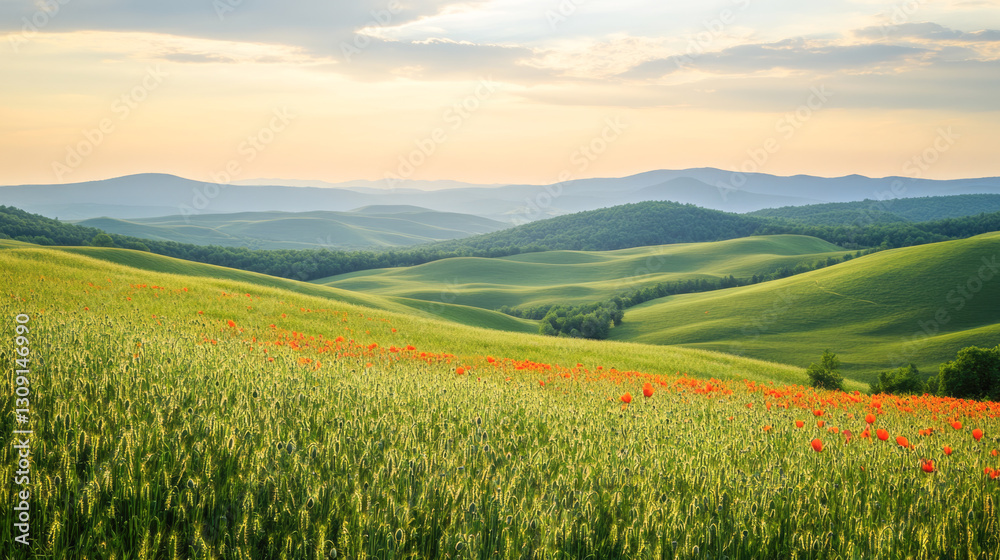 Obraz premium Idyllic green hills and poppy flowers at sunrise under cloudy sky