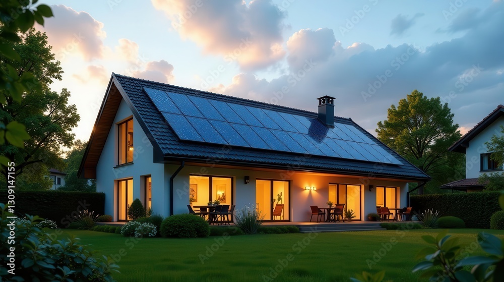 Modern Eco-Friendly Home with Solar Panels at Twilight, Illuminated Interior and Lush Green Lawn Modern Eco-Friendly Home with Solar Panels at Twilight, Illuminated Interior and Lush Green Lawn