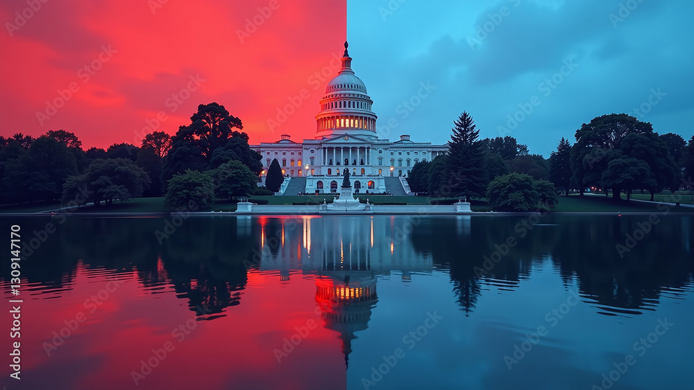 Obraz premium water body reflects capitol red blue hues symbolizing balance contrast