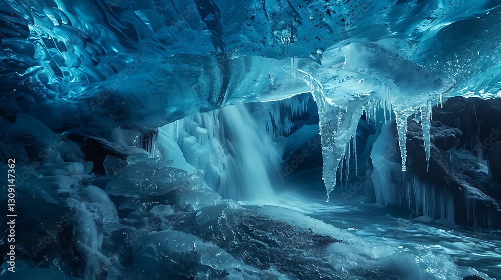 Fototapeta premium A crystal-blue glacier with shimmering ice caves and frozen waterfalls