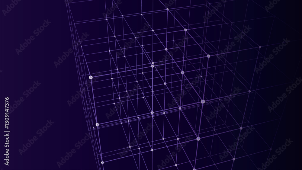 Abstract wireframe cube. Network connection structure. Digital blockchain concept. Futuristic blue background with dots and lines. Vector illustration.