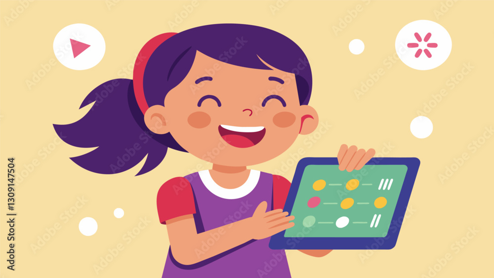 With each stroke of her finger on the tablet screen a giggling girl learns how to count as the cheerful app voice counts along with her.. Vector illustration With each stroke of her finger on the tablet screen a giggling girl learns how to count as the cheerful app voice counts along with her.. Vector illustration
