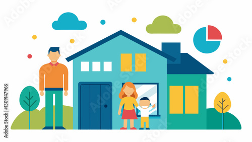 An image of a family in their cozy home with the walls decorated with charts and graphs showing the progress of their childs education fund inspiring. Vector illustration