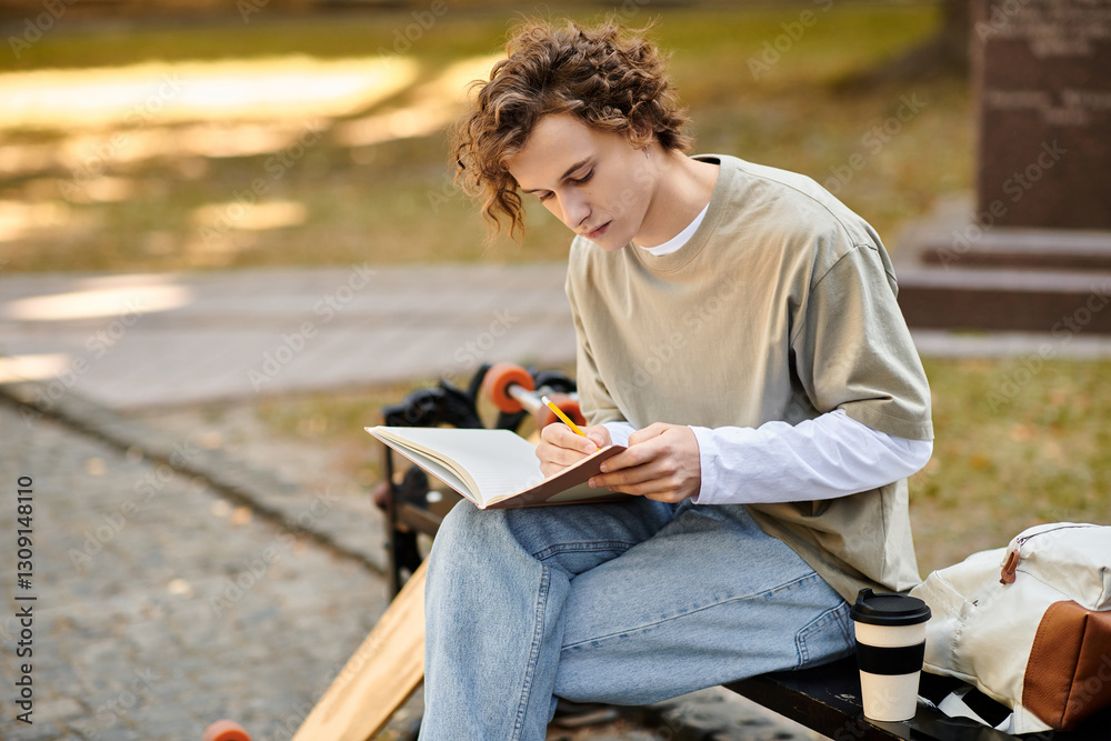 Obraz premium Stylish young man enjoys quiet afternoon studying in a serene outdoor park setting