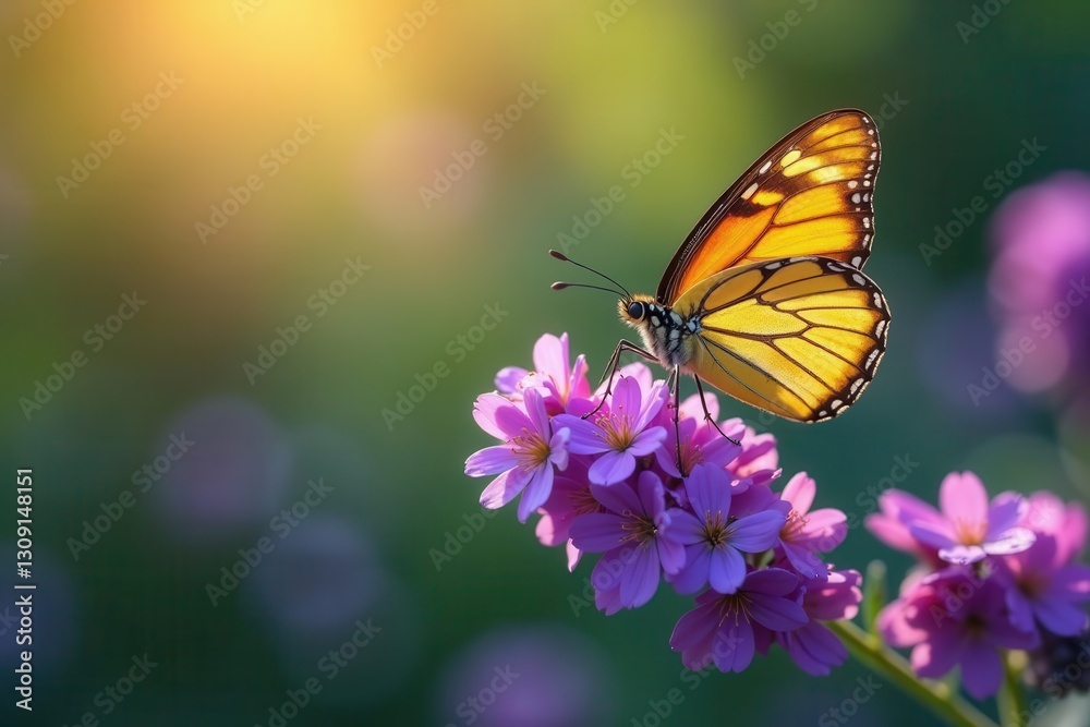 A vibrant butterfly delicately perched on a cluster of blossoming purple flowers, bathed in the warm glow of sunlight, a serene moment in nature's beauty. A vibrant butterfly delicately perched on a cluster of blossoming purple flowers, bathed in the warm glow of sunlight, a serene moment in nature's beauty.