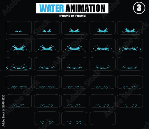 Dripping, waterfall, wave water animation. Cartoon liquid water splashes, clean aqua splatter animation frames flat vector illustration set. Water splash sprite sheet