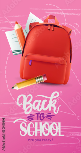 Back to school poster. Welcome Back to school text with school color backpack and pencil educational elements for learning flyer. Vector illustration