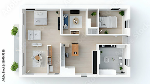 Architectural Top View of Modern Apartment Floor Plan with Furniture and Interior Design