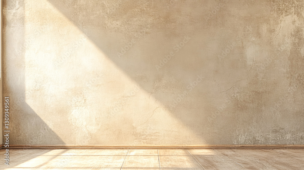 Sunlit empty room with textured beige wall and wooden floor Sunlit empty room with textured beige wall and wooden floor
