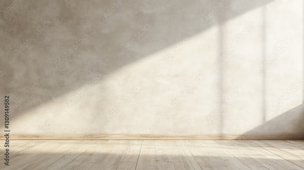 Sunlight casting shadows on minimalist empty room with hardwood floor