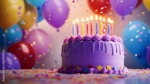 birthday party balloons, colourful balloons background and birthday cake with candles	