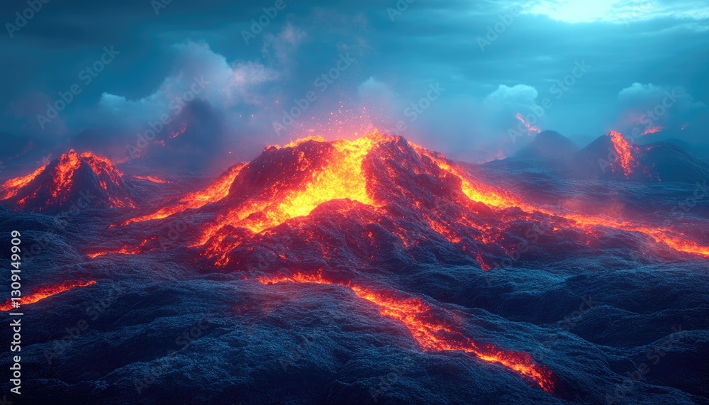 Fototapeta premium Fiery volcanic mountain landscape and flowing molten lava under dark sky