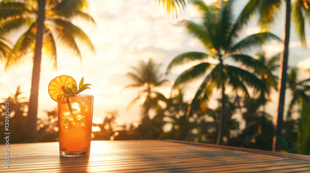 Obraz premium Refreshing tropical cocktail at sunset with palm trees