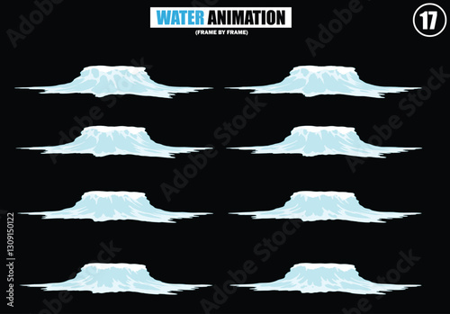 Dripping, waterfall, wave water animation. Cartoon liquid water splashes, clean aqua splatter animation frames flat vector illustration set. Water splash sprite sheet