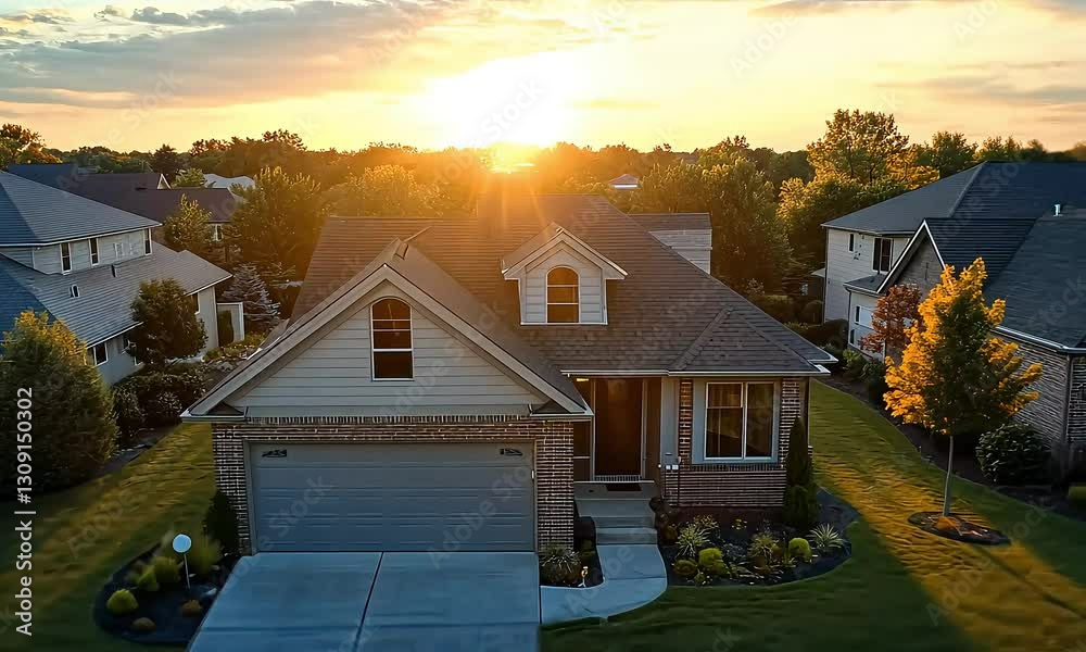 A Drone Showcases Stunning Aerial Footage of a Suburban Home at Sunset, Elevating Modern Real Estate and Outdoor Photography.