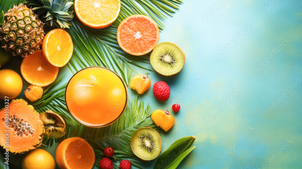 Refreshing tropical fruit arrangement with juice on vibrant surface Refreshing tropical fruit arrangement with juice on vibrant surface