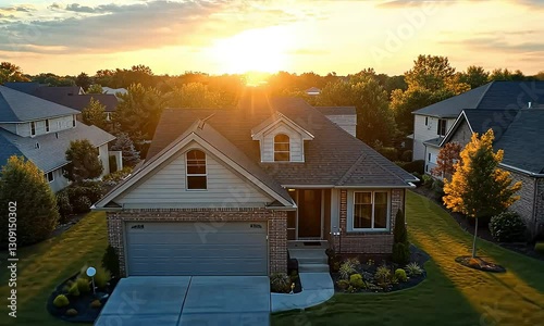A Drone Showcases Stunning Aerial Footage of a Suburban Home at Sunset, Elevating Modern Real Estate and Outdoor Photography.
