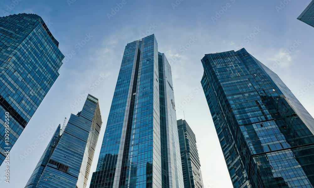 Skyscrapers reaching towards a clear blue sky, showcasing modern architecture in an urban setting