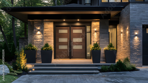A front door of an upscale modern home with two large planters on either side
