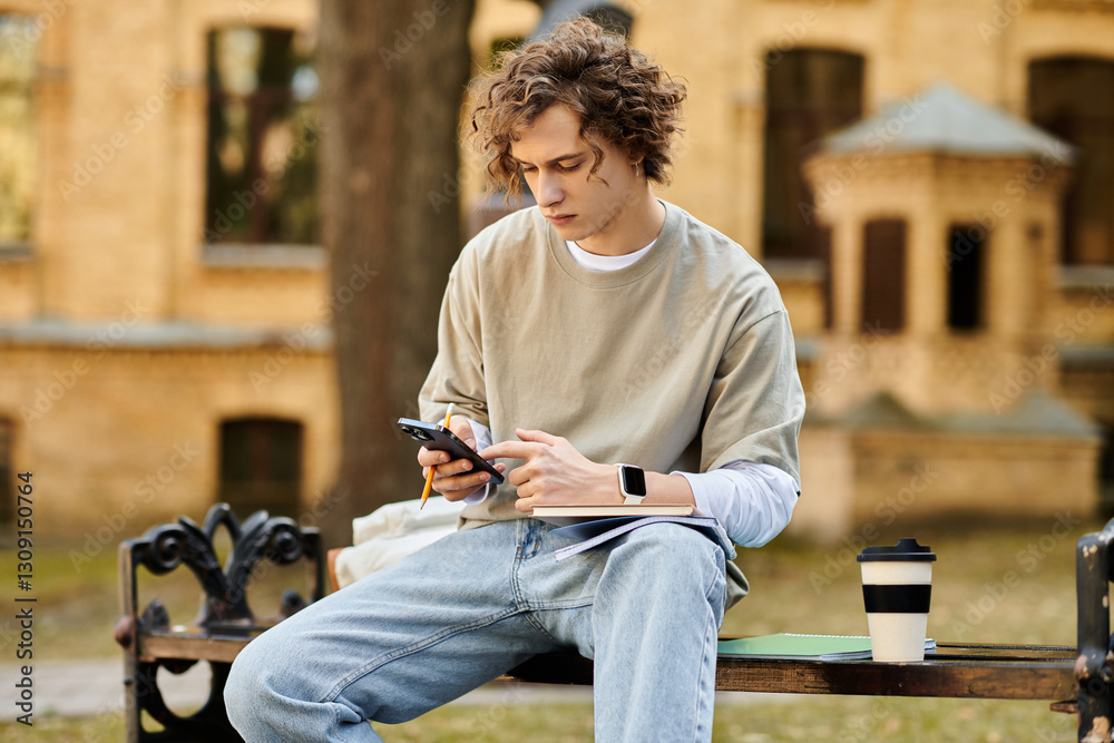 Obraz premium Stylish young man sits on a bench enjoying the outdoors while using his smartphone