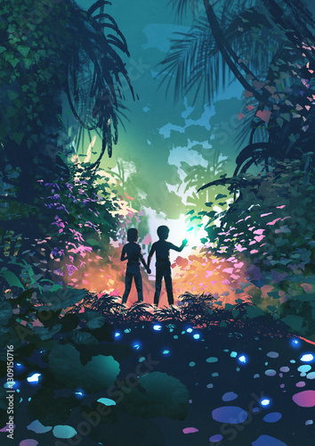 Two children stand in a mystical forest at night, surrounded by glowing plants and colorful light, gazing at a mysterious portal, digital art style, illustration painting