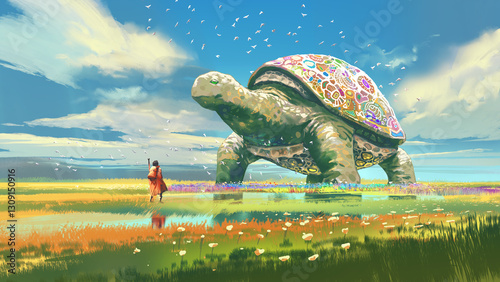 A traveler walks across a vibrant landscape, approaching a massive turtle with a beautifully decorated shell, evoking a sense of wonder and adventure, digital art style, illustration painting