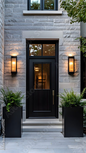 A front door of an upscale modern home with two large planters on either side

