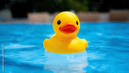 Yellow classic rubber duck with red beak for a kid's bath time, in the water pool with blue water. Symbol of summer season, vacation and relax time. Banner with copy space