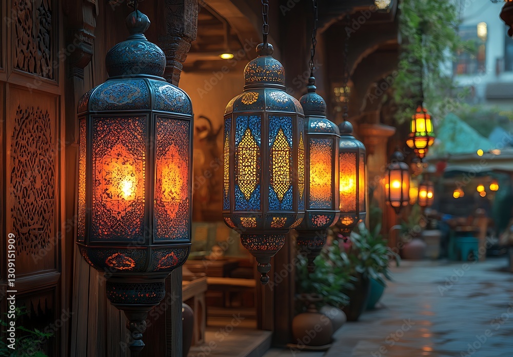 Glowing Lanterns Enhancing a Charming Outdoor Space with Greenery Glowing Lanterns Enhancing a Charming Outdoor Space with Greenery