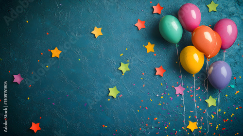 birthday party balloons, colourful balloons background and birthday cake with candles	