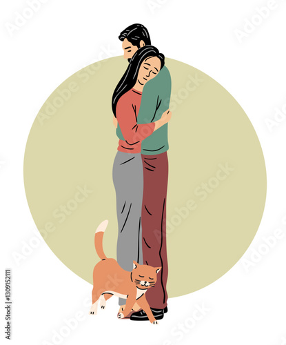 Young couple hugging. Man and girl are touched in their feelings. Cat purrs at their feet. Happy family and love. Forgiveness, farewell and goodbye. Flat vector art illustration