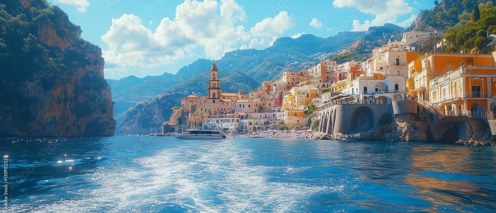 Fototapeta premium Stunning Amalfi Coast panorama as seen from a ferry
