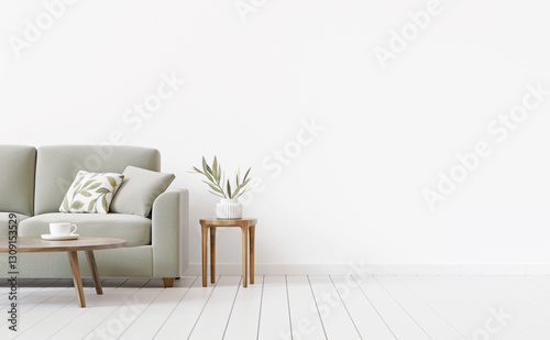 Simple and neutral interior background with green couch and wooden coffee tables standing on white floor. Organic living room design. 3d rendering.