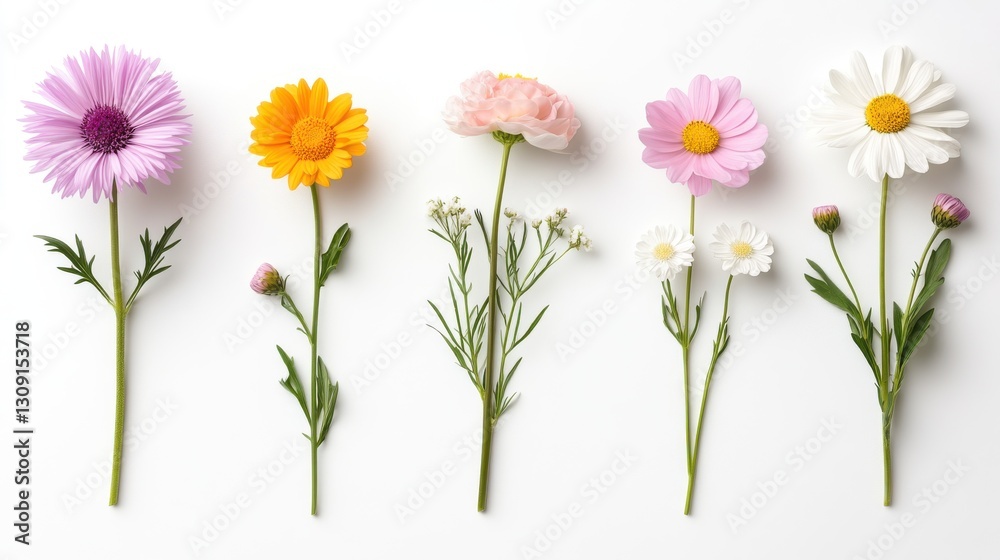 Fototapeta premium Colorful array of flowers arranged in a row on white background, showcasing vibrant petals and delicate stems.