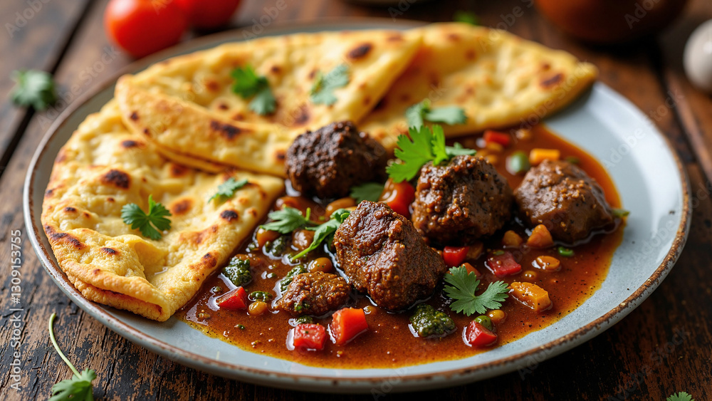 Aromatic Lamb Mutton Goat Curry with Flaky Paratha: Overhead View of Traditional Indian Cuisine Perfect for Restaurant Menus and Food Blogs Aromatic Lamb Mutton Goat Curry with Flaky Paratha: Overhead View of Traditional Indian Cuisine Perfect for Restaurant Menus and Food Blogs