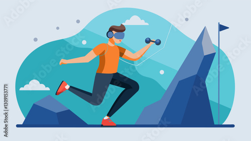 Using VR technology a person is able to simulate rock climbing challenging their strength flexibility and problemsolving skills all while providing a. Vector illustration