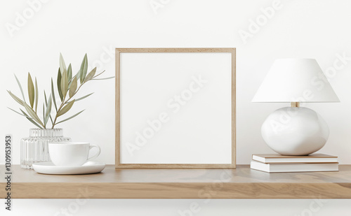 Small square art frame template. Neutral and simple interior close-up with lamp, cup and plant in vase standing on wooden shelf. Organic modern style decoration. 3d rendering.