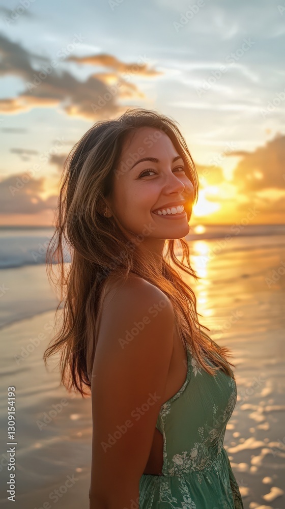 Woman Smiling at Sunset on Beach Wearing Dress Woman Smiling at Sunset on Beach Wearing Dress