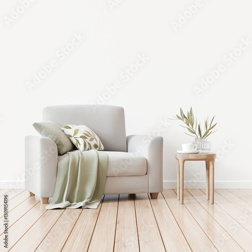 Cozy interior close-up with gray armchair, green pillows and coffee table on empty white wall background. Organic modern styled living room. Minimal and neutral home design. 3d rendering.