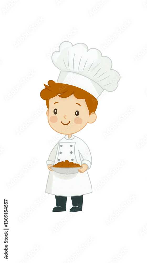 A cartoon chef is holding a plate of food and smiling A cartoon chef is holding a plate of food and smiling