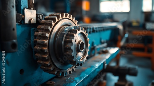 Large metal gear machine in factory background for industrial usage